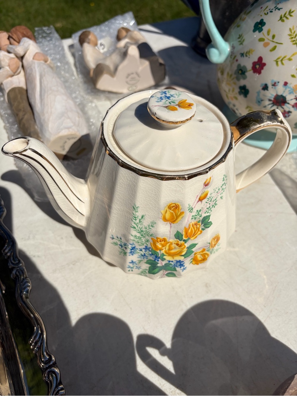 Vintage Floral Yellow Rose Ceramic Teapot - Unbranded